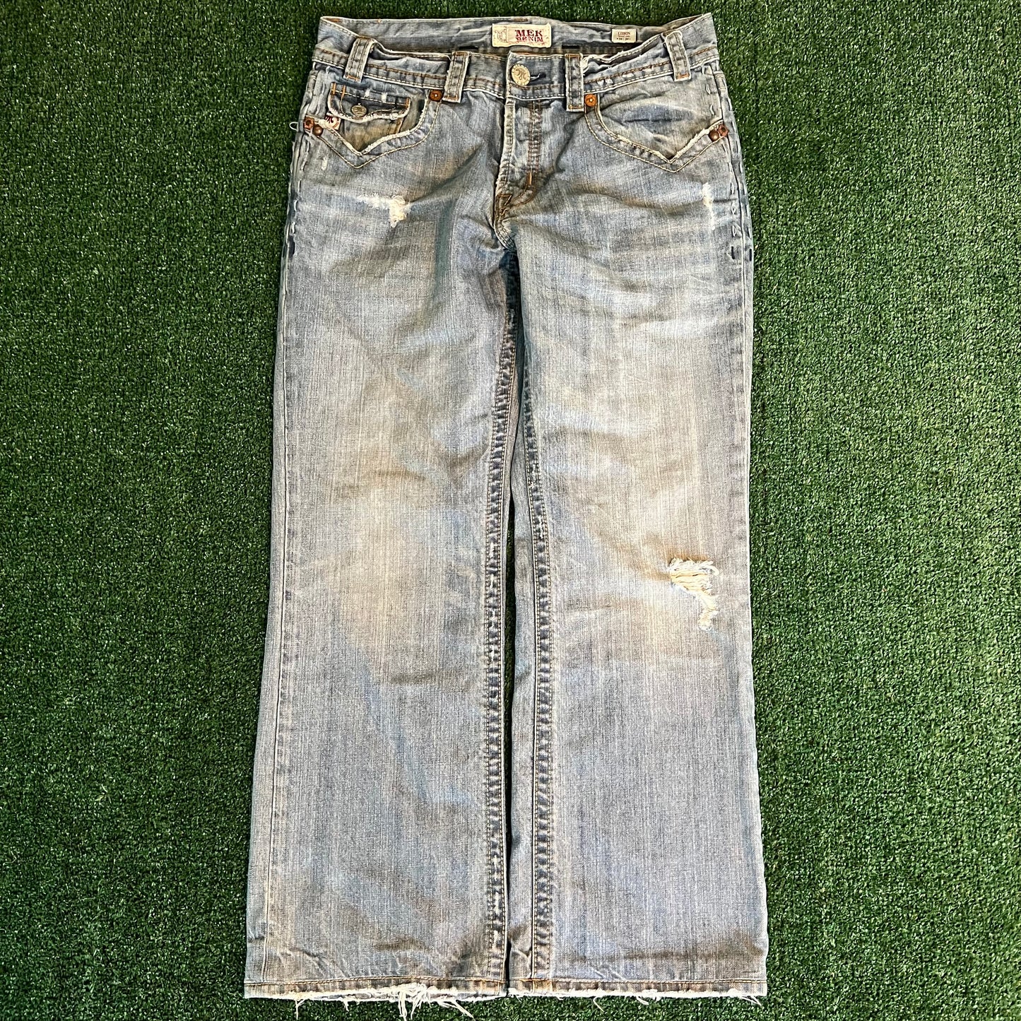 Y2K MEK Baggy Wide-Leg Bootcut Flared Light Wash Blue Jeans - 36x30" 20.5" Openings