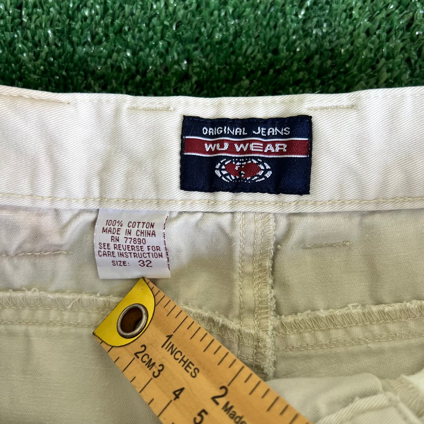 Y2K Wu Wear Distressed Baggy Light Khaki Faded Navy Striped Pants - 31x30.5" 20" Openings