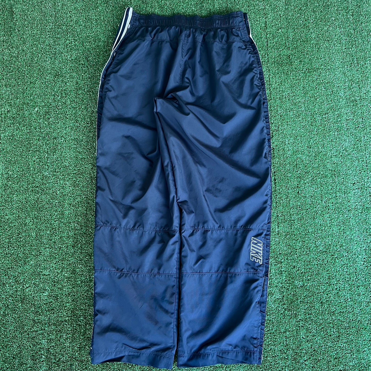 Y2K Nike Baggy Tear Away Basketball WarmUp Navy Blue Side Stripe Pants - Large
