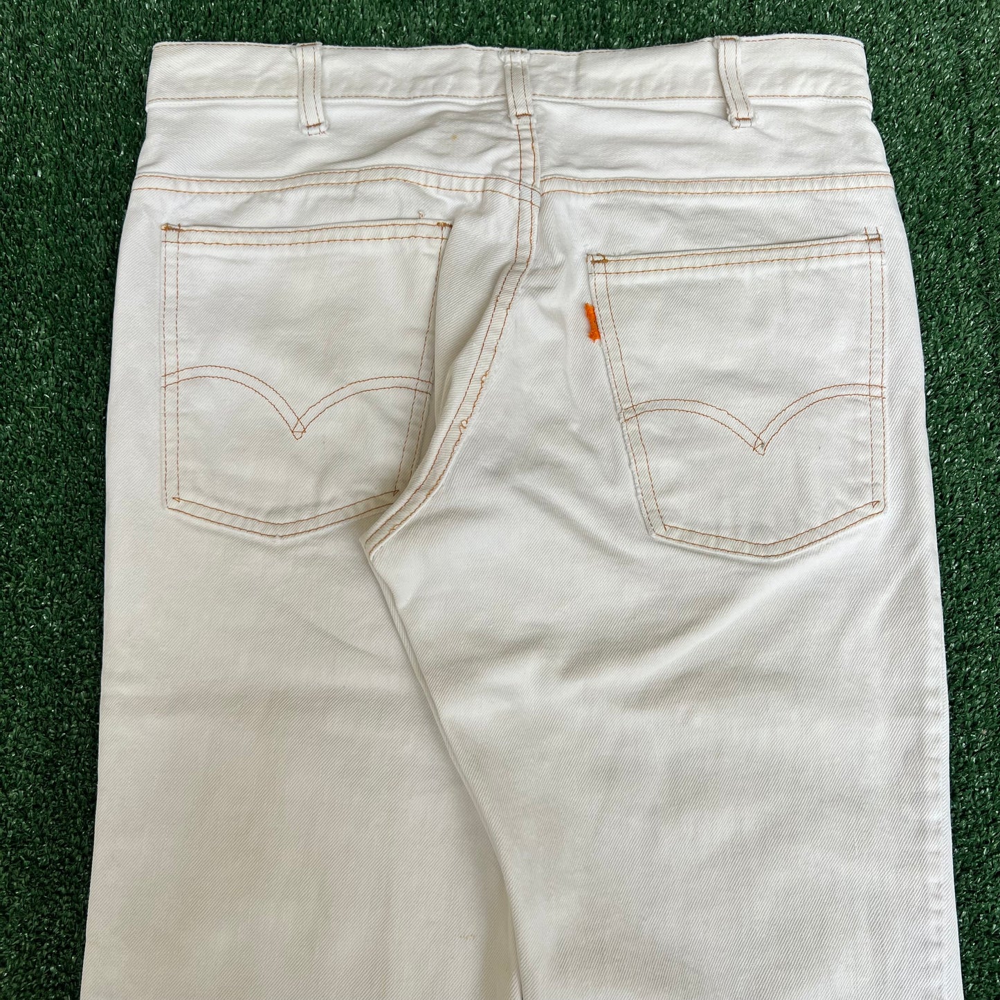 VTG 70s Levi's 684 Big Bell Bottoms Orange Tab Talon Distress White Jeans 32x31"