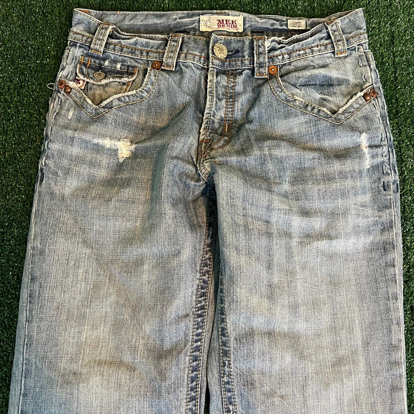 Y2K MEK Baggy Wide-Leg Bootcut Flared Light Wash Blue Jeans - 36x30" 20.5" Openings