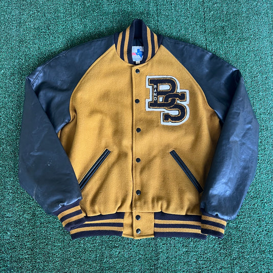 90s Tejas Wool Leather Varsity Jacket Band Patch Mustard Yellow Black - Large