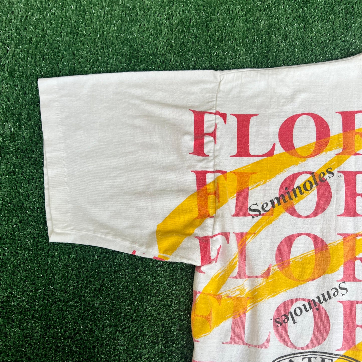Vintage 90s Men's Florida State Seminoles FSU White AOP T-Shirt XL 26.25x28.75"