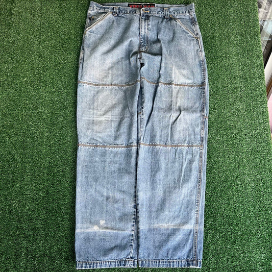 Y2K Vibes Jeans Double Knee Baggy Light Wash Blue Jeans - 39x33.5 19" Openings