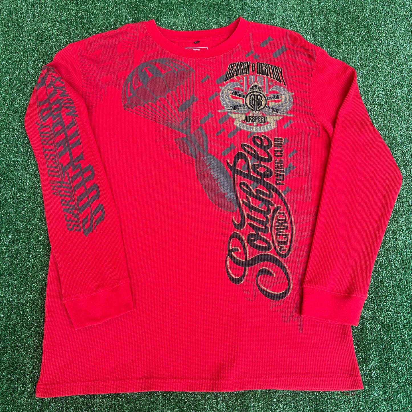 Vintage Y2K Men's Southpole Search & Destroy Red Waffle Knit Tribal Shirt - XL 24.5x32