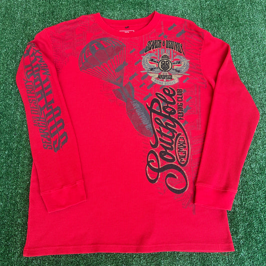 Vintage Y2K Men's Southpole Search & Destroy Red Waffle Knit Tribal Shirt - XL 24.5x32