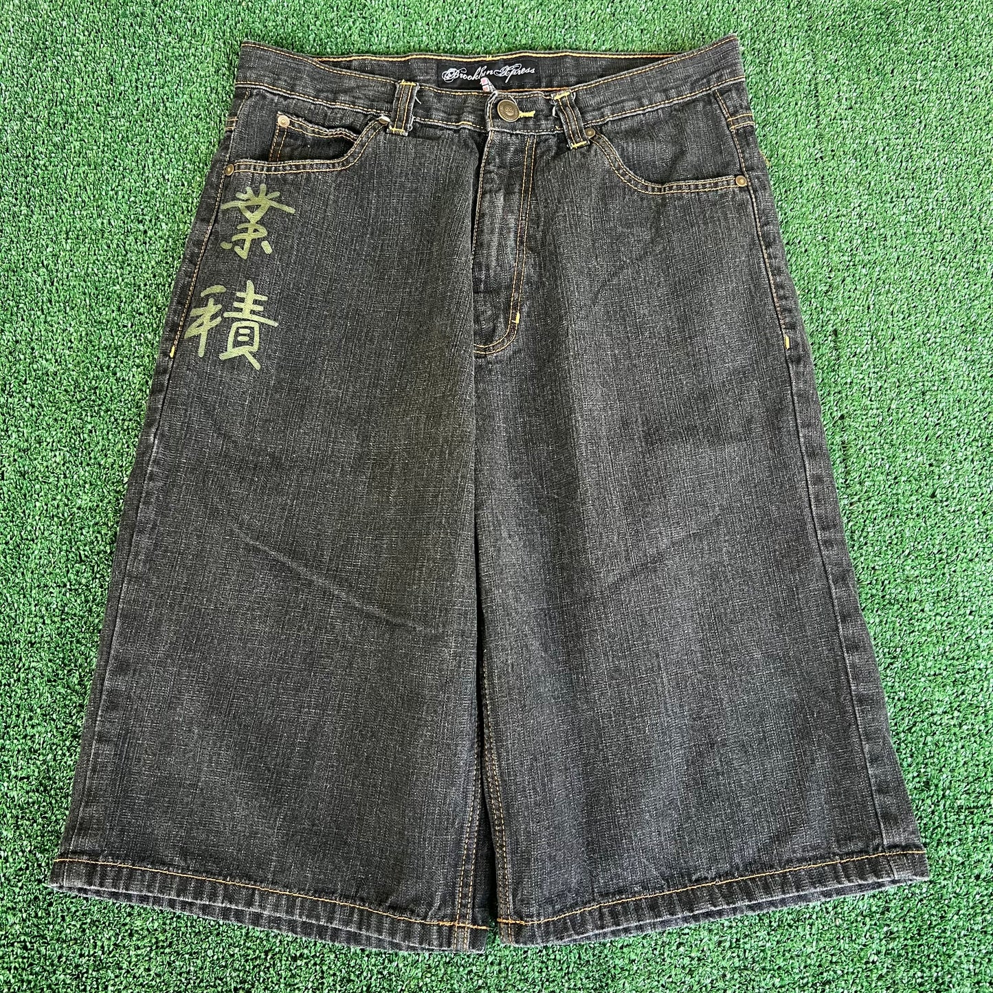 Y2K Brooklyn Express Rising Sun Baggy Black Jean Shorts - 34x14.5"