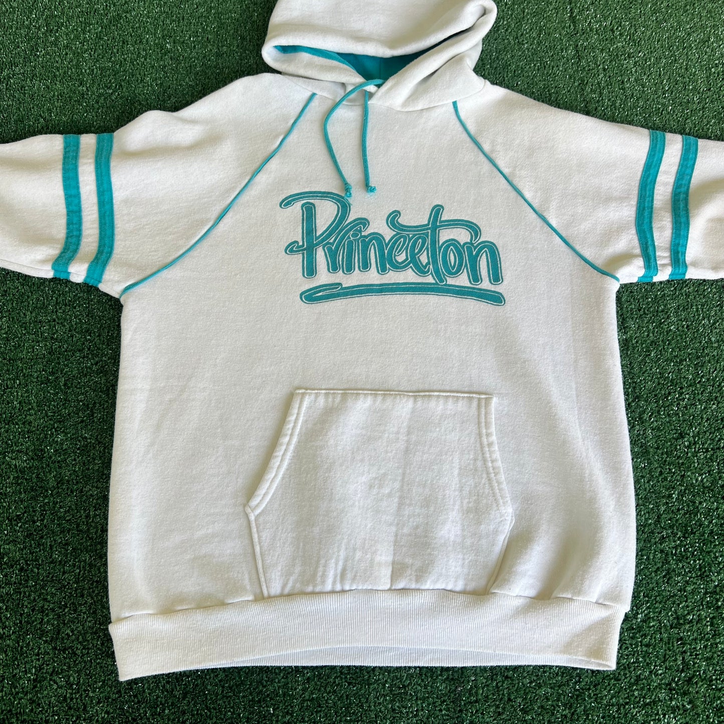 70s Velva Sheen Princeton White Baby Blue Lightweight Hoodie Large 20x24