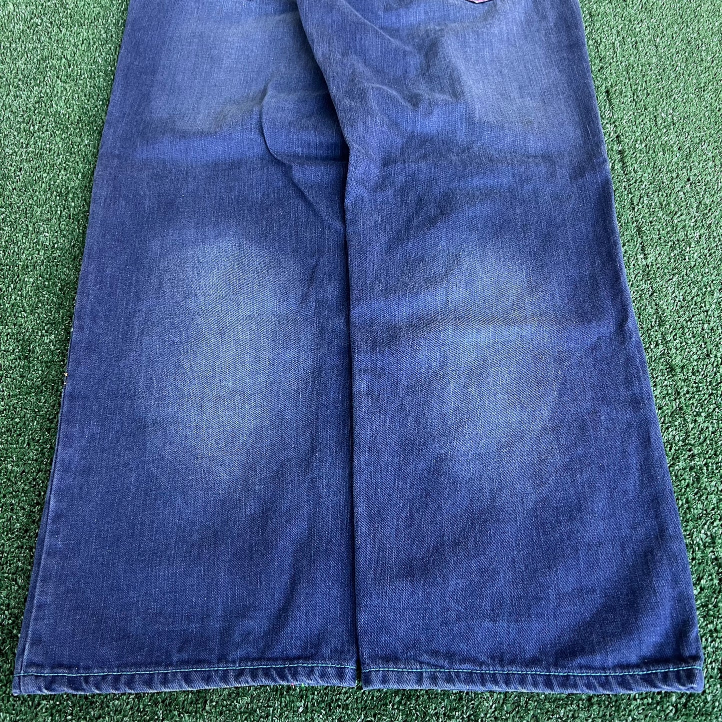 Y2K Songs Of Freedom Dark Blue Baggy Embroidered Jeans - 37x32" 20" Opening