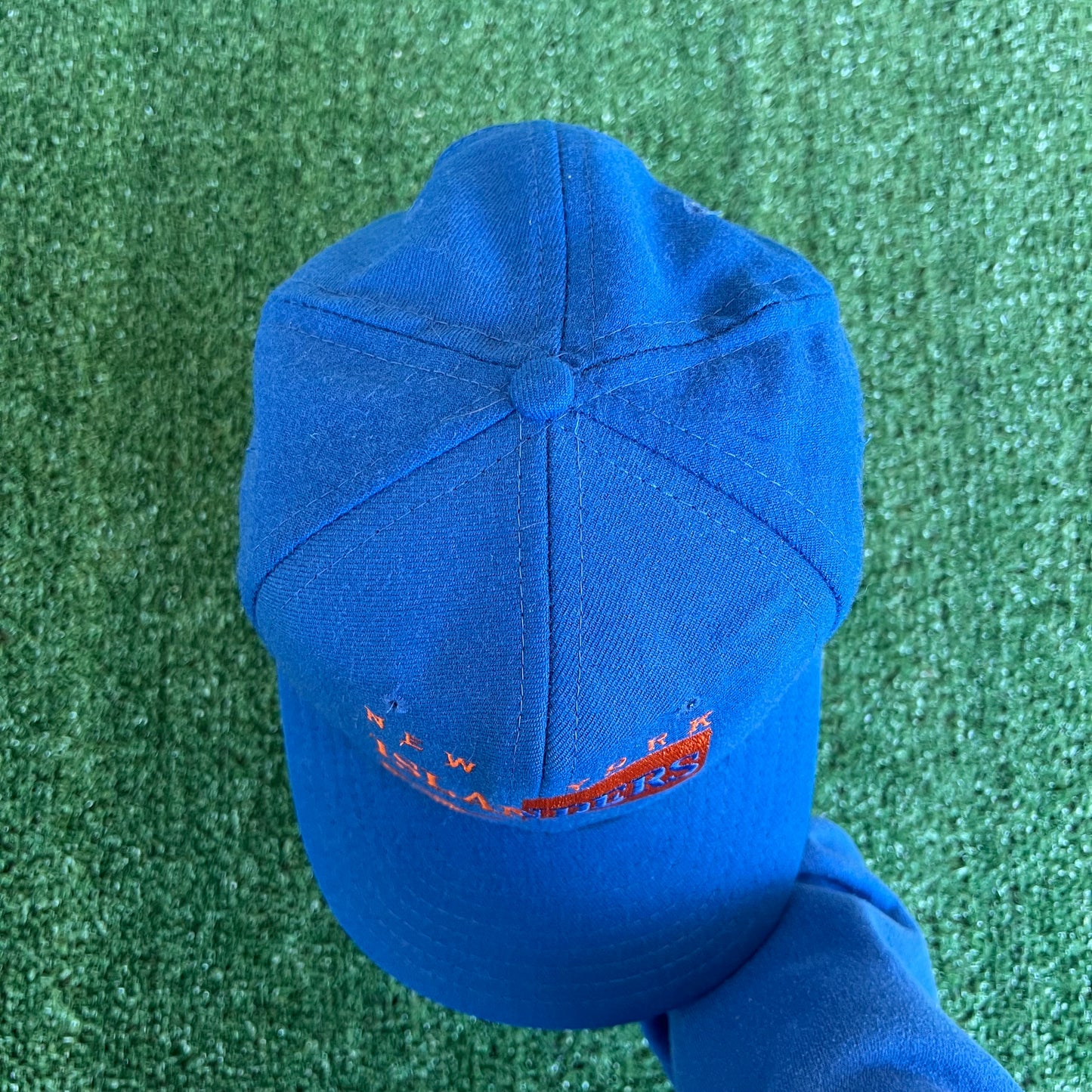 90s AJD NHL New York Islanders Script Spellout Blue Wool Snapback Hat