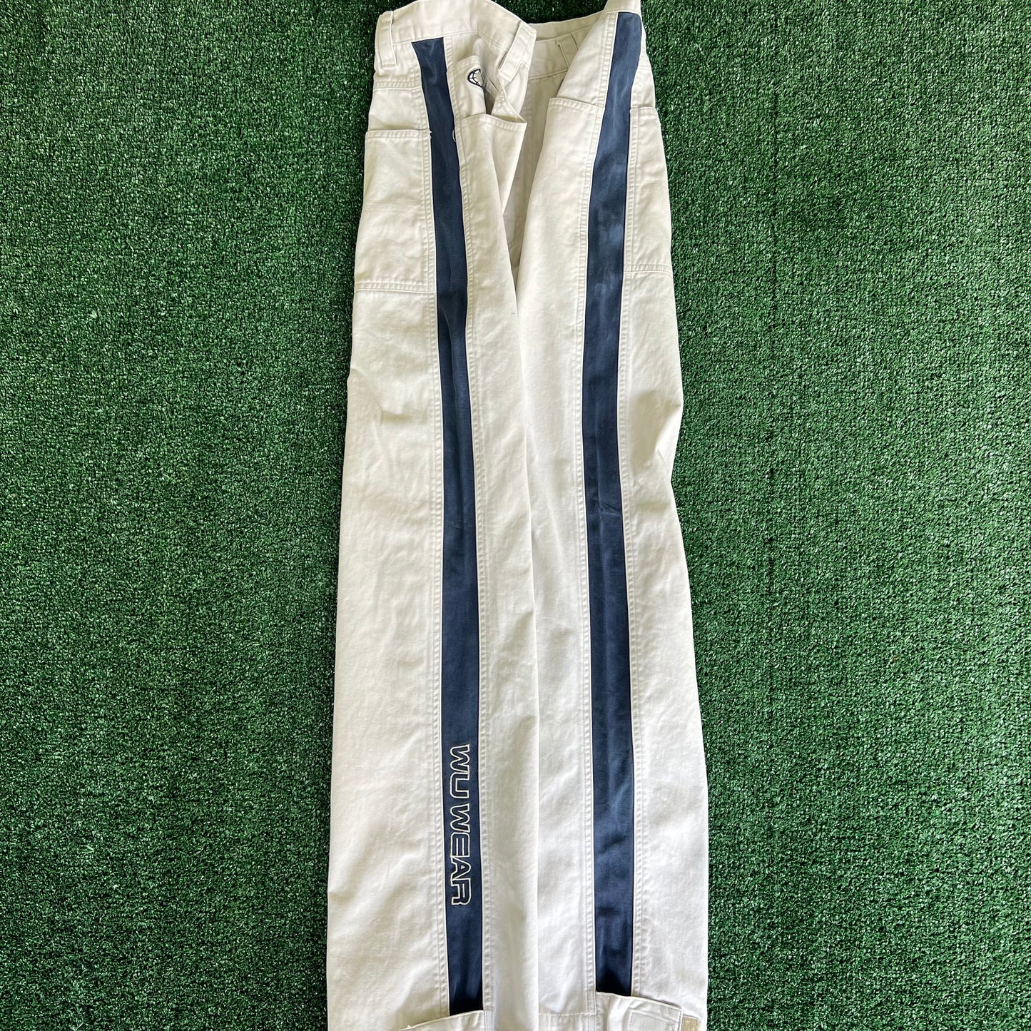Y2K Wu Wear Distressed Baggy Light Khaki Faded Navy Striped Pants - 31x30.5" 20" Openings