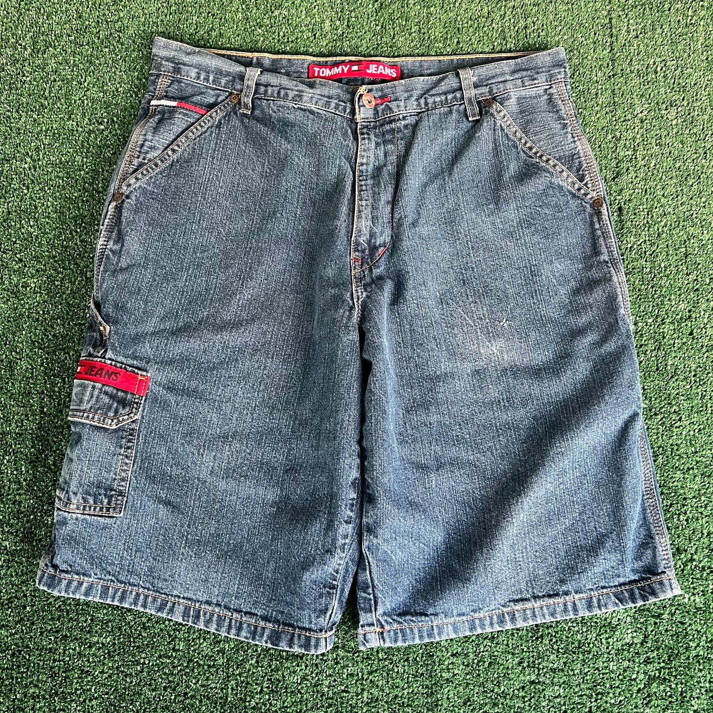 Y2K Tommy Hilfiger Flag Baggy Carpenter Cargo Blue Jean Shorts - 35x12"
