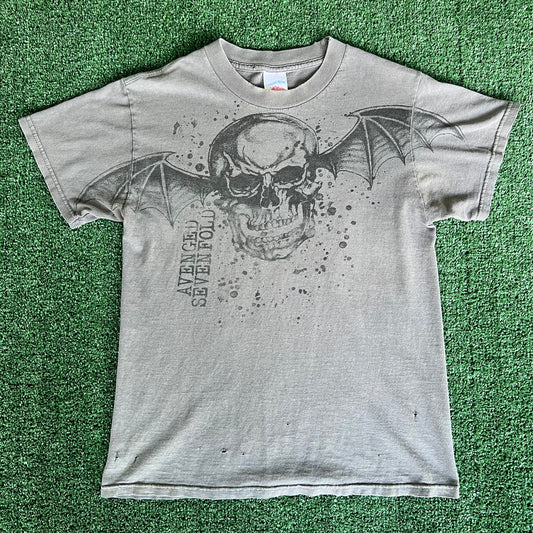 Y2K Avenged Sevenfold Heavy Metal Band Skull Wings AOP Dark Gray Distressed T-Shirt - Small