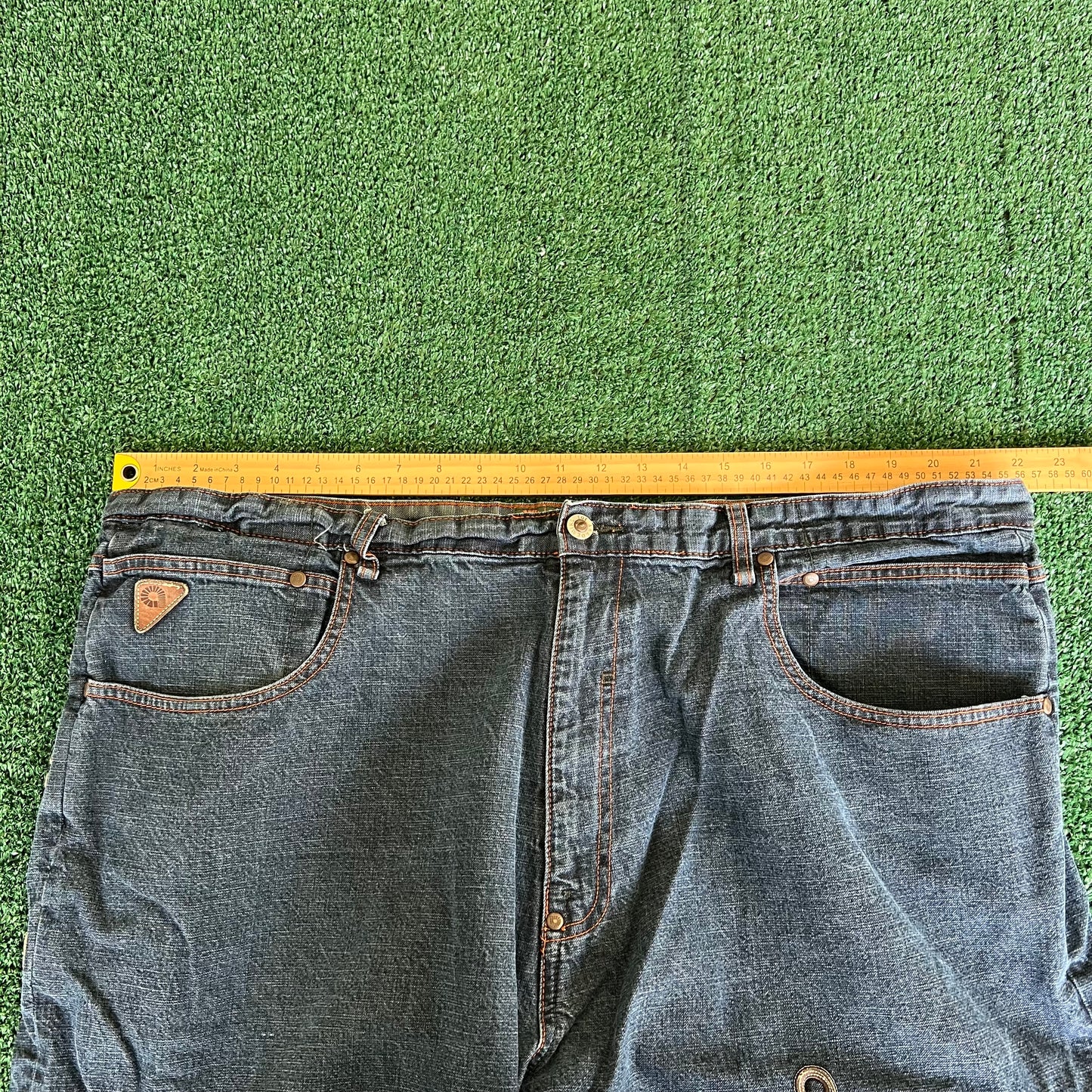 Y2K Akademiks Wide-Leg Alphabet Soup Blue Jeans 44x32" 20" Openings JNCO