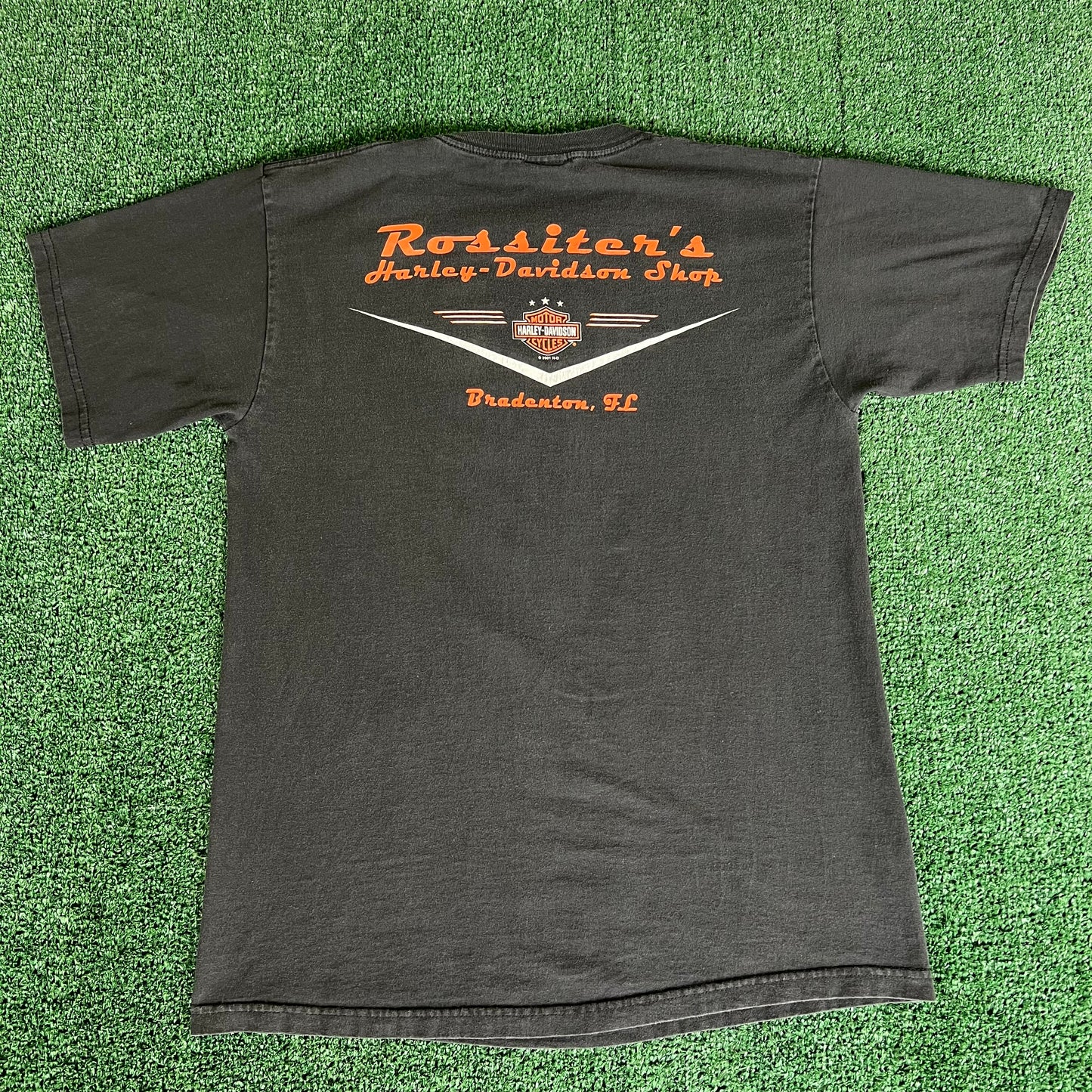 Y2K Harley-Davidson Motorcycles Flaming Tiger Faded Black T-Shirt - Large
