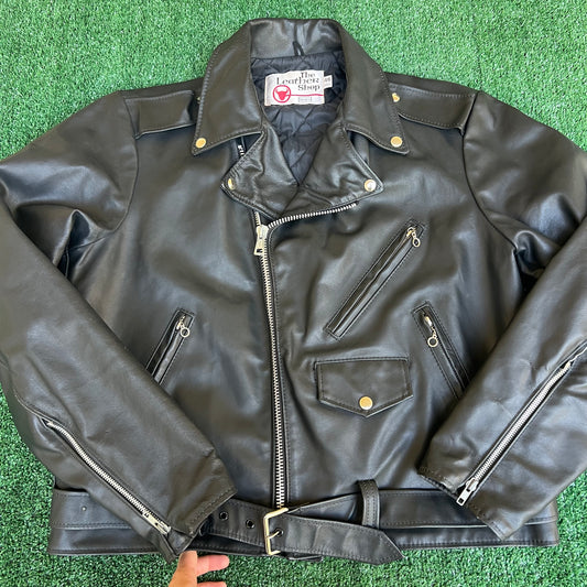 Vintage 70s Men's Sears The Leather Shop Black Leather Motorcycle Jacket 46 Reg