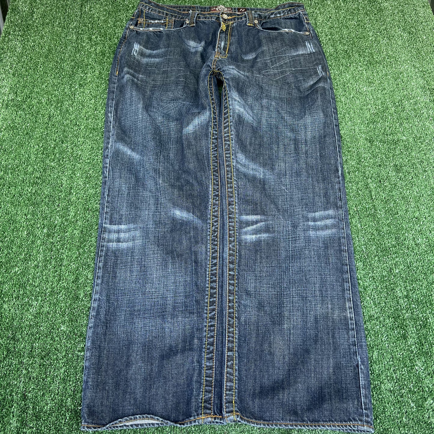 VTG AKDMKS Jeans Mens 37x31" Blue Baggy Wide-Leg Embroidered 20" Openings Y2K