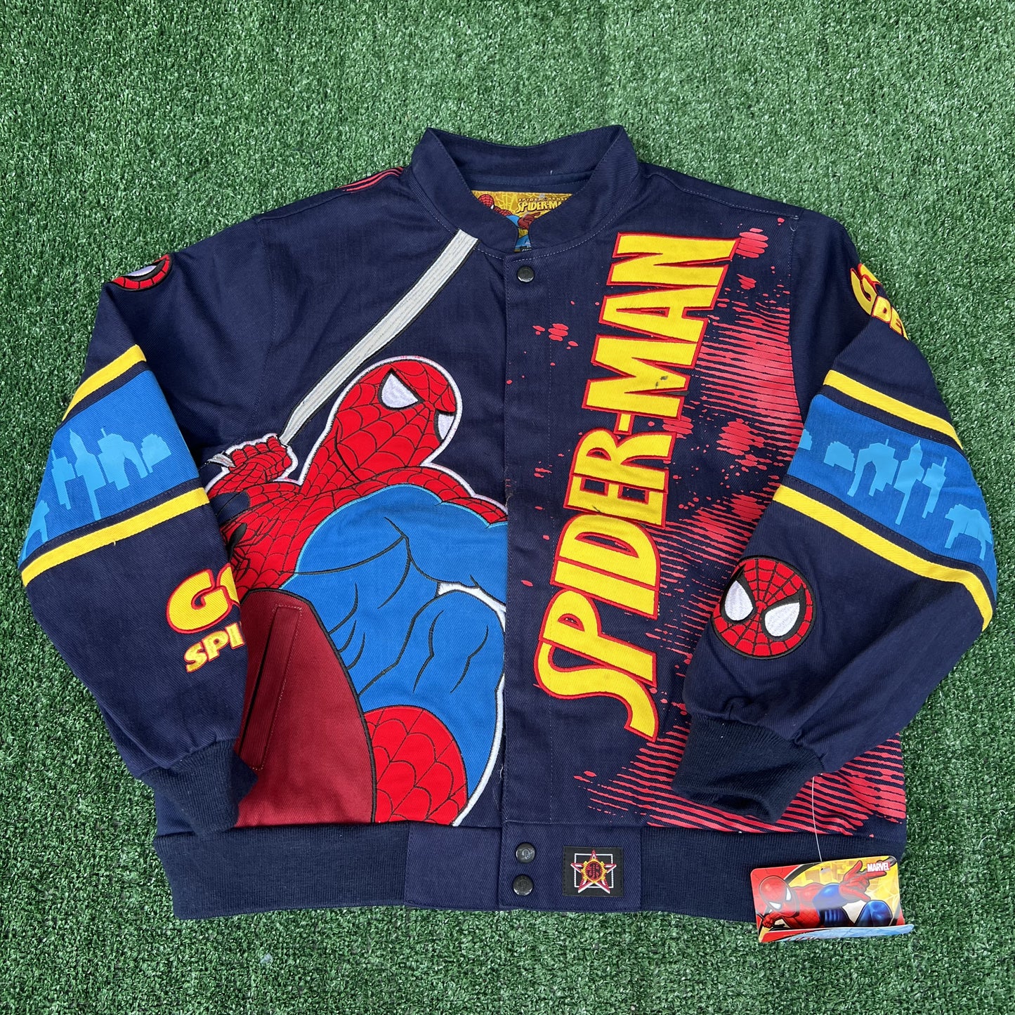 NWT Vintage JH Design Spider-Man Racing Jacket – Youth 2XL (Fits Men’s Small, Blue)