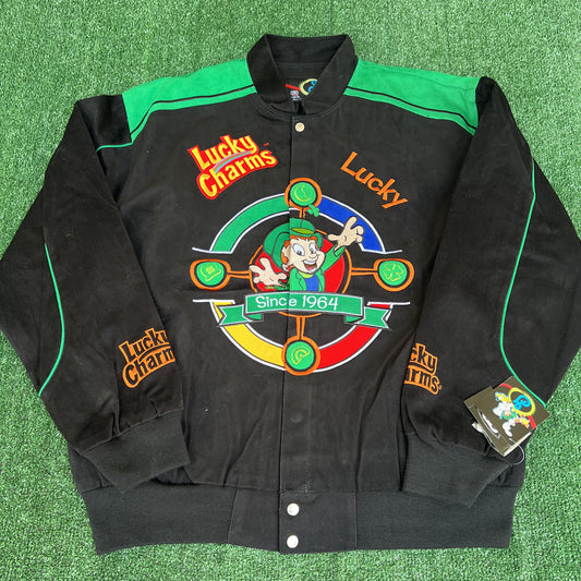 NWT VTG Lucky Charms NASCAR Jacket Men’s XL – Black Embroidered Racing Leprechaun RR Design