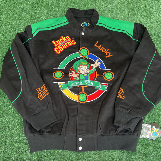 NWT VTG Lucky Charms NASCAR Jacket Men’s XL – Black Embroidered Racing Leprechaun RR Design