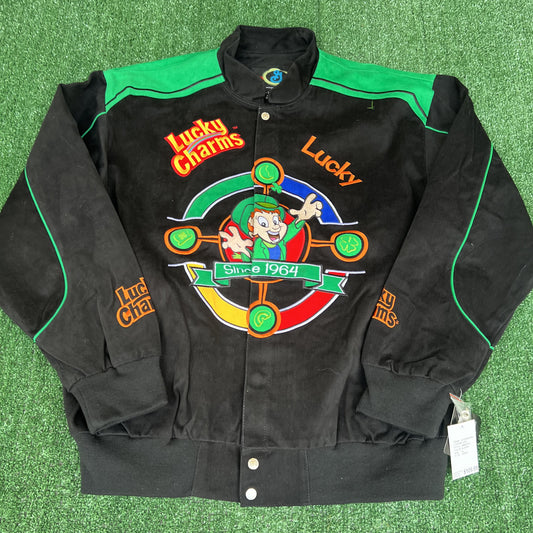NWT VTG Lucky Charms NASCAR Jacket Men’s XL – Black Embroidered Racing Leprechaun RR Design