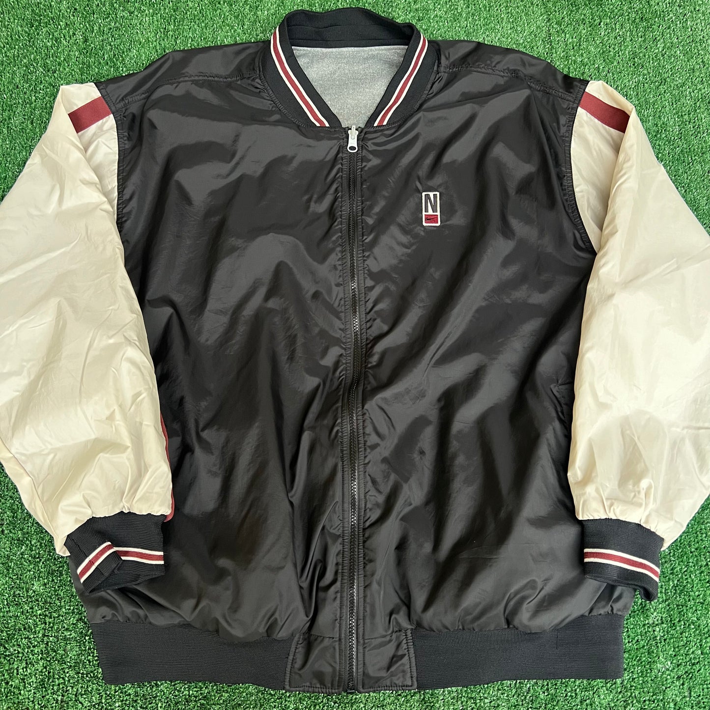Vintage 90s Men's Nike Reversible Bomber Jacket Black Burgundy White Tag - 2XL