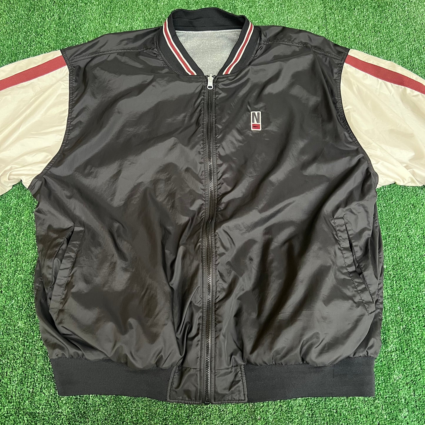 Vintage 90s Men's Nike Reversible Bomber Jacket Black Burgundy White Tag - 2XL