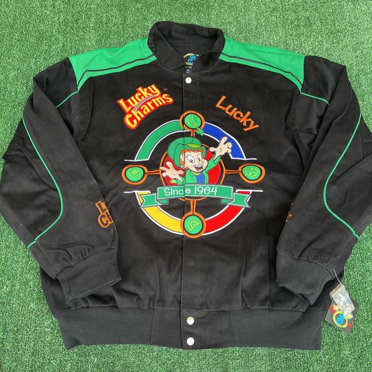 NWT VTG Lucky Charms NASCAR Jacket Men’s XL – Black Embroidered Racing Leprechaun RR Design