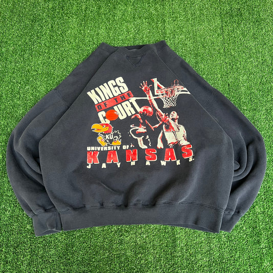 VTG 90s Men's Gear Kansas Jayhawks Kings Of The Court Navy Boxy Sweatshirt Large