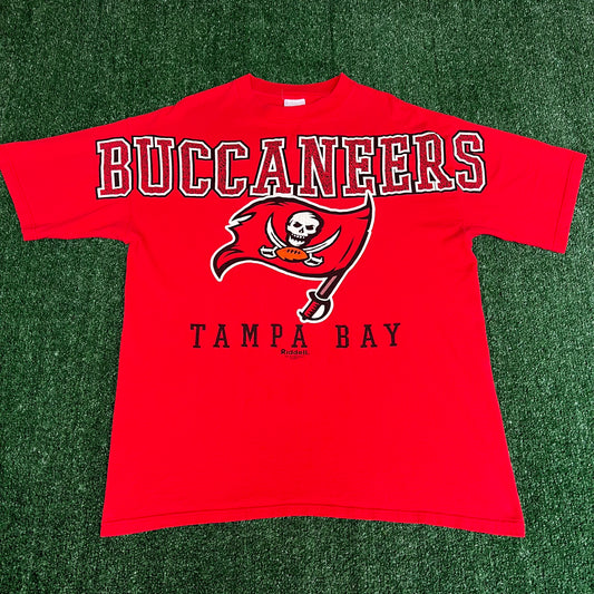 Vintage 90s Men's Riddell NFL Tampa Bay Buccaneers Red AOP Spellout T-Shirt - XL