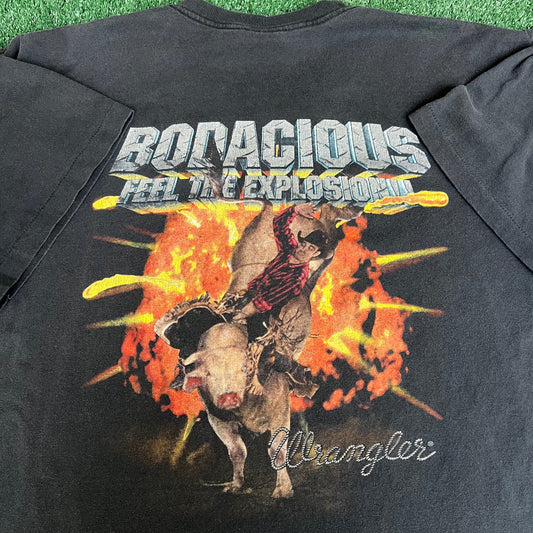 Vintage 90s Men's Wrangler Bodacious Feel The Expolosion Black T-Shirt - 2XL USA