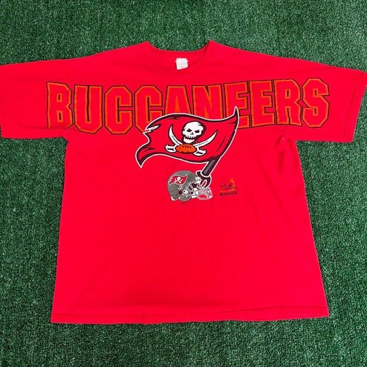 Vintage 90s Men's Riddell NFL Tampa Bay Buccaneers Red AOP Spellout T-Shirt XL