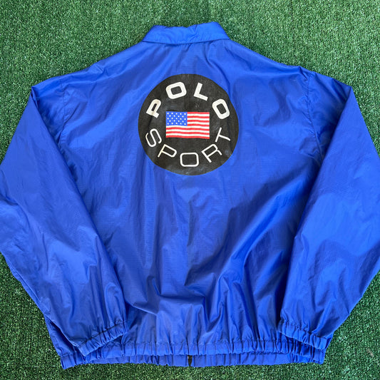 VTG 90s Men's Polo Sport Ralph Lauren American Flag Blue Nylon Windbreaker Large