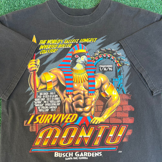 VTG 90s Mens Busch Gardens Rollercoaster "I Survived Montu" Black T-Shirt Medium