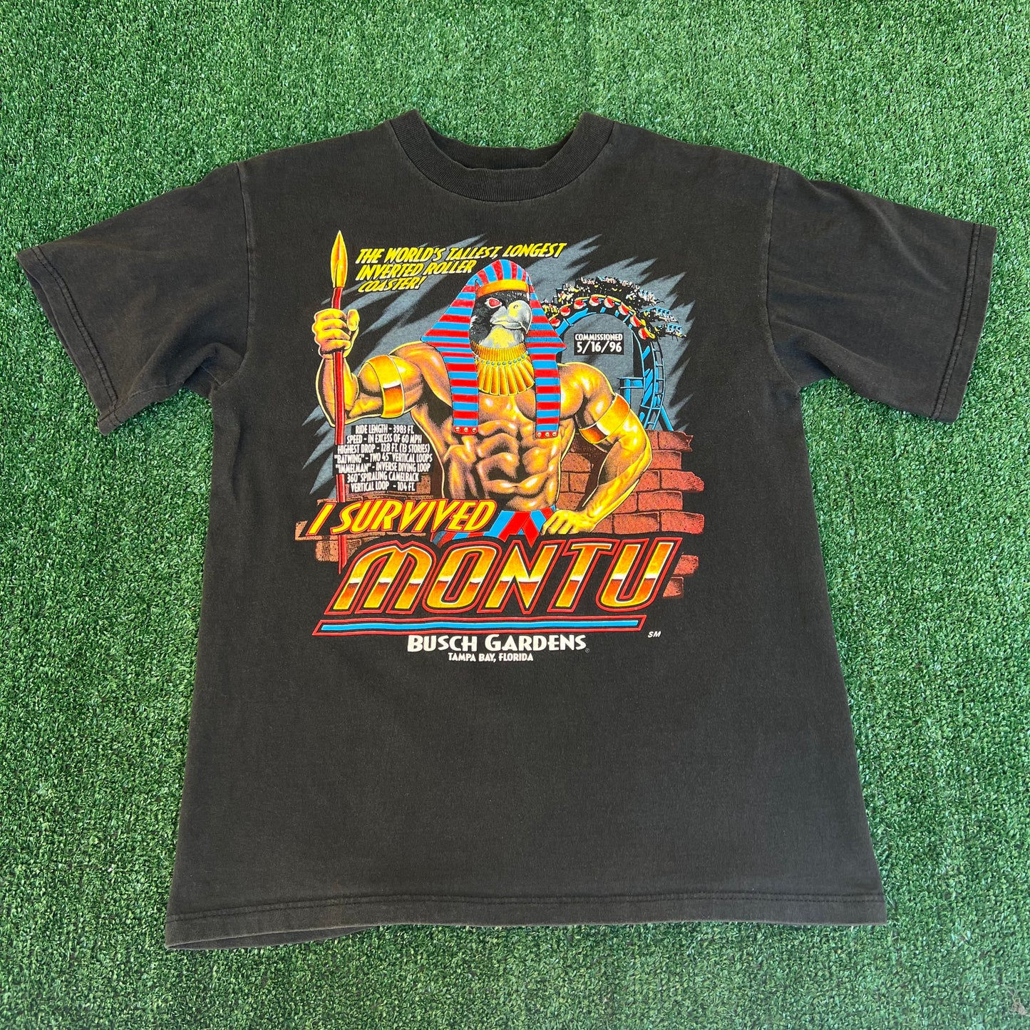 VTG 90s Mens Busch Gardens Rollercoaster "I Survived Montu" Black T-Shirt Medium