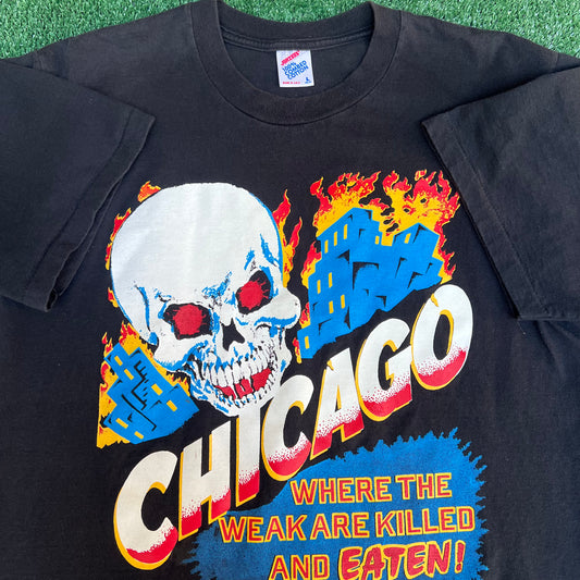 VTG 90s Chicago Where The Weak Are Killed and Eaten Skulls Flames T-Shirt Large