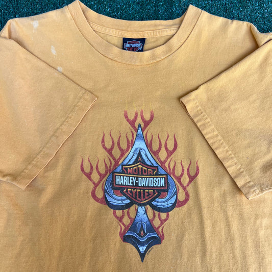 Vintage Y2K Men's Harley Davidson Flaming Ace Tribal Yellow T-Shirt XL USA