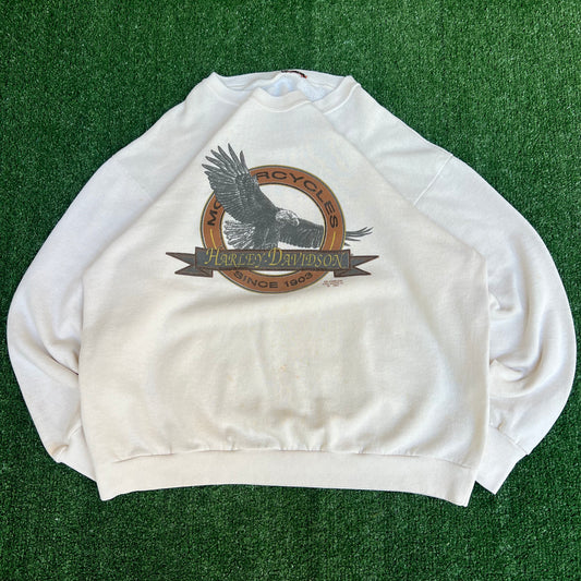 VTG 90s 3D Emblem Harley-Davidson Eagle White Stained Crewneck Sweatshirt Large