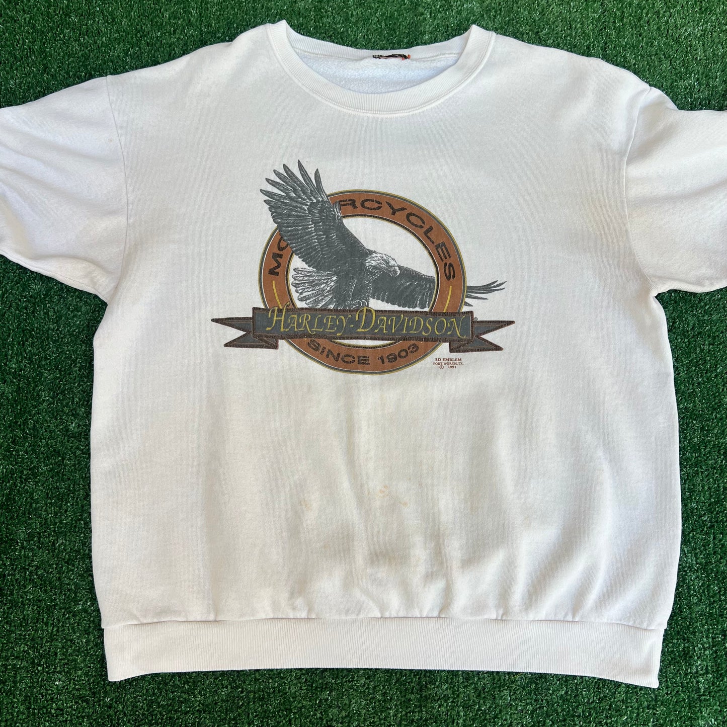 VTG 90s 3D Emblem Harley-Davidson Eagle White Stained Crewneck Sweatshirt Large