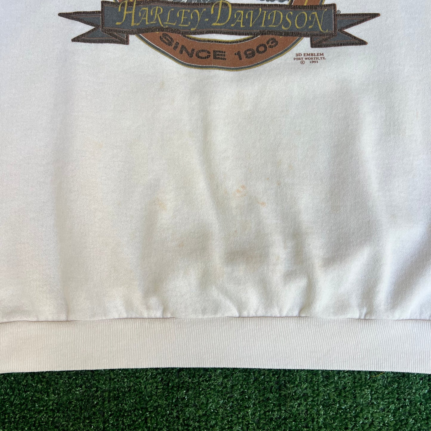 VTG 90s 3D Emblem Harley-Davidson Eagle White Stained Crewneck Sweatshirt Large