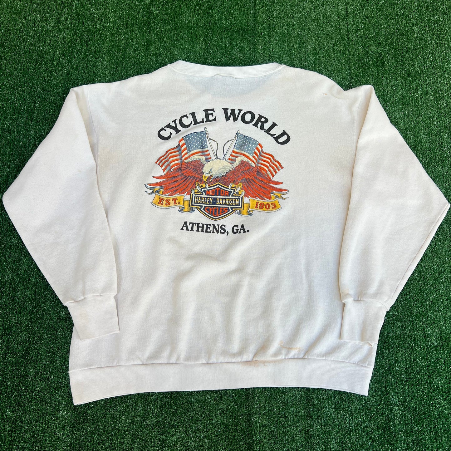VTG 90s 3D Emblem Harley-Davidson Eagle White Stained Crewneck Sweatshirt Large