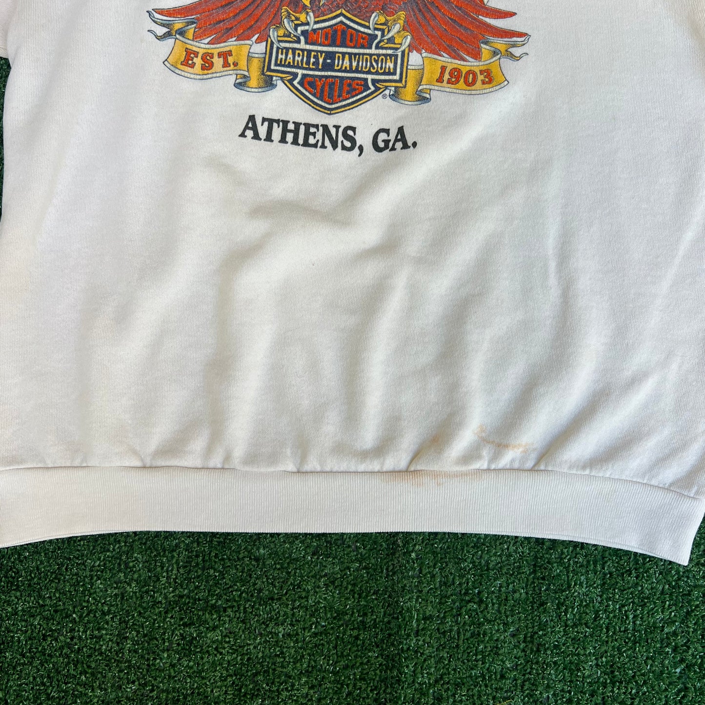 VTG 90s 3D Emblem Harley-Davidson Eagle White Stained Crewneck Sweatshirt Large