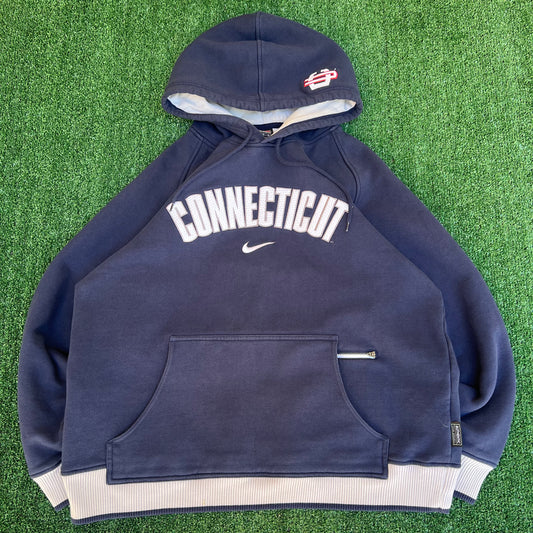 Vintage Y2K Men's Nike Connecticut Huskies Center Swoosh Blue Boxy Hoodie Medium