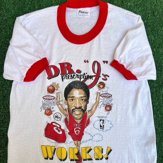 VTG 80s Men's Stedman Dr. J's Prescription Works White Red Ringer T-Shirt Small