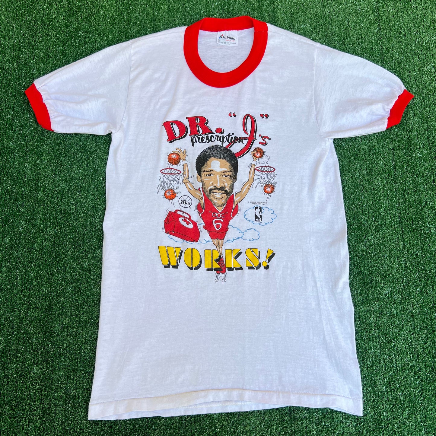 VTG 80s Men's Stedman Dr. J's Prescription Works White Red Ringer T-Shirt Small