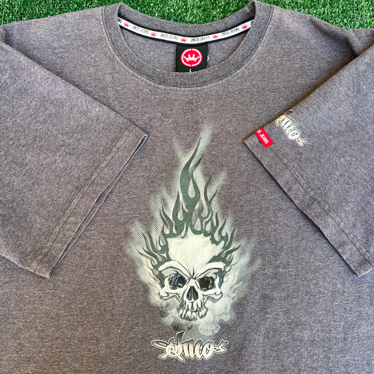 Vintage 90s Y2K Men's JNCO Flaming Skull Tribal Skater T-Shirt Gray Large USA