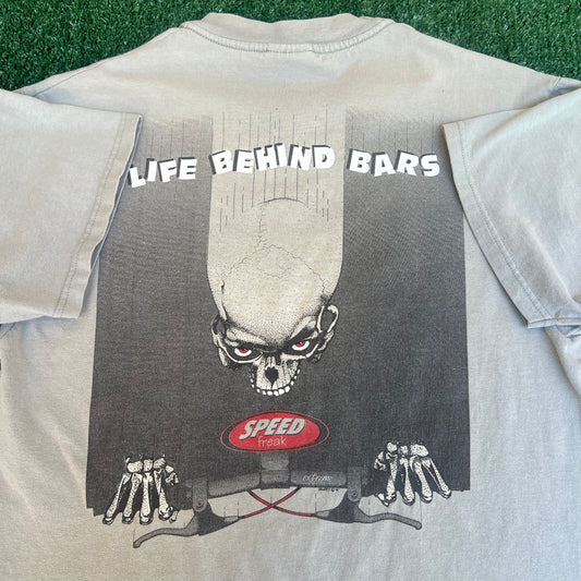 VTG 90s Speed Freak BMX Skull Life Behind Bars Gray T-Shirt Medium JNCO Style