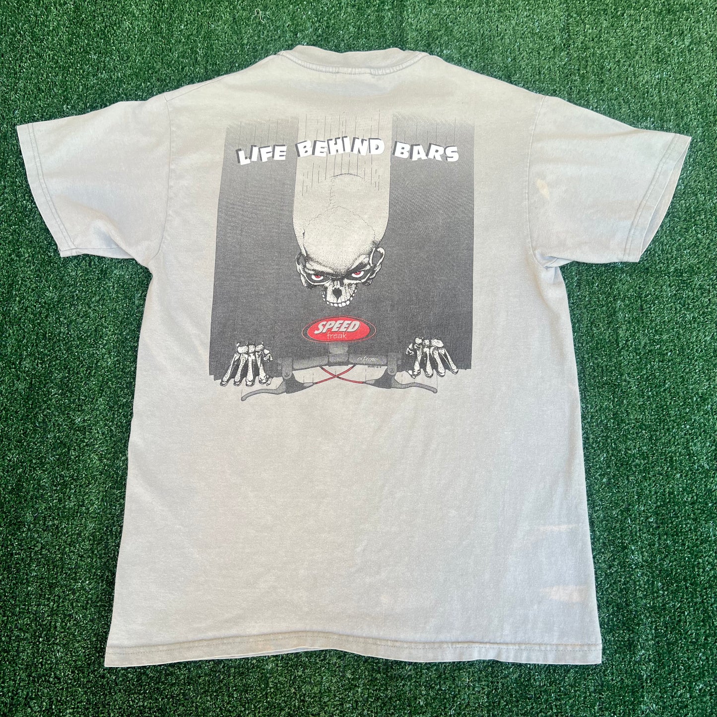 VTG 90s Speed Freak BMX Skull Life Behind Bars Gray T-Shirt Medium JNCO Style