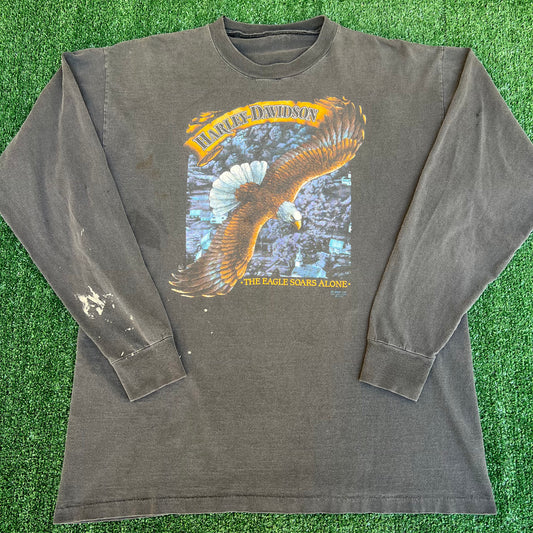 VTG 80s Harley-Davidson 3D Emblem Fade Black The Eagle Soars Alone LS T-Shirt XL