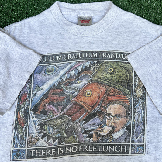 VTG 1989 Men Ray Troll There is No Free Lunch Latin Fish Art Gray T-Shirt Medium